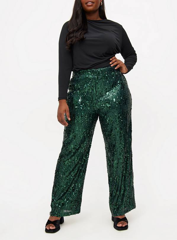 Dark Green Sequin Wide Leg Trousers  16L